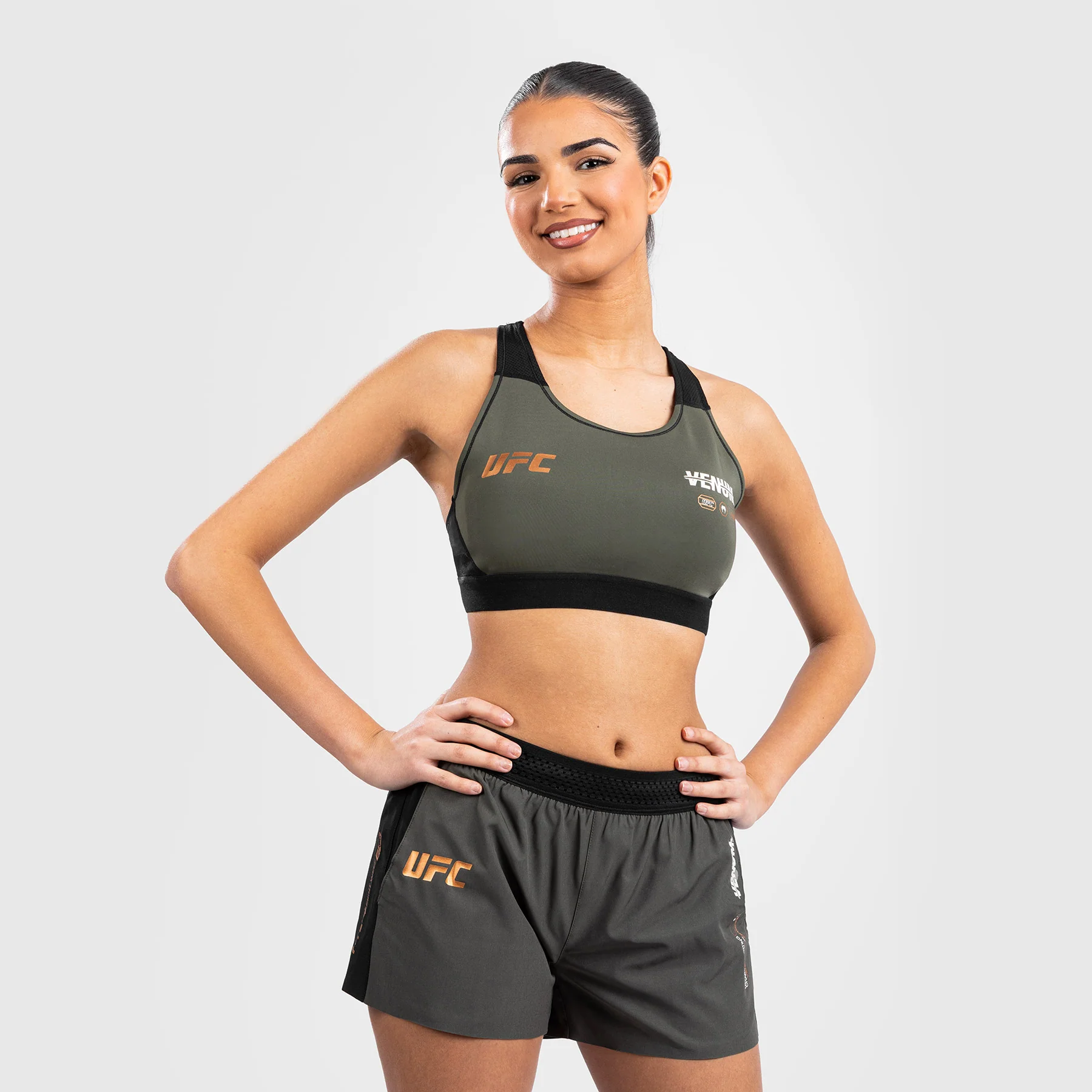 UFC Adrenaline by Venum Fight Week Women’s Sports Bra - Khaki/Bronze - Image 3