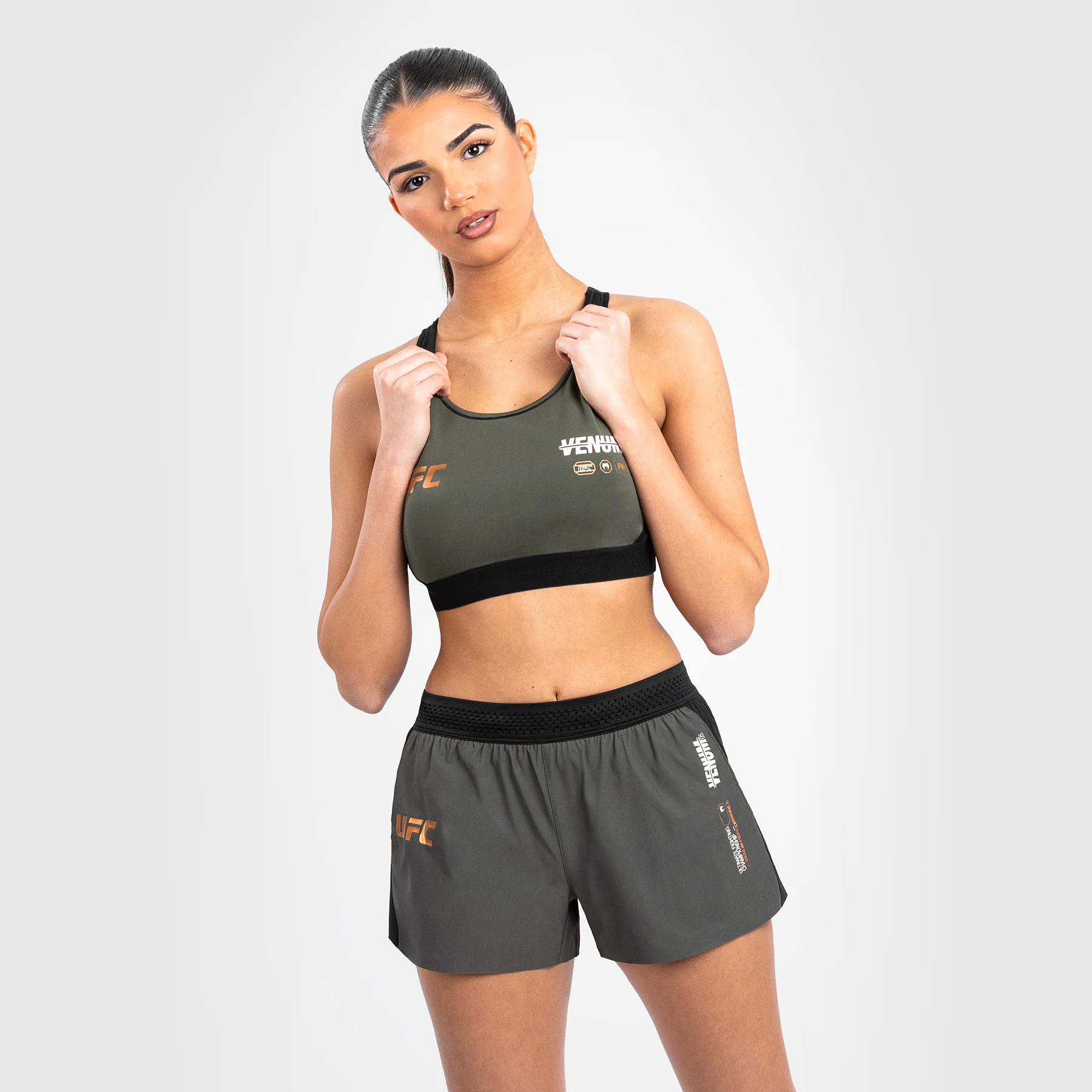 UFC Adrenaline by Venum Fight Week Women’s Sports Bra - Khaki/Bronze - Image 8